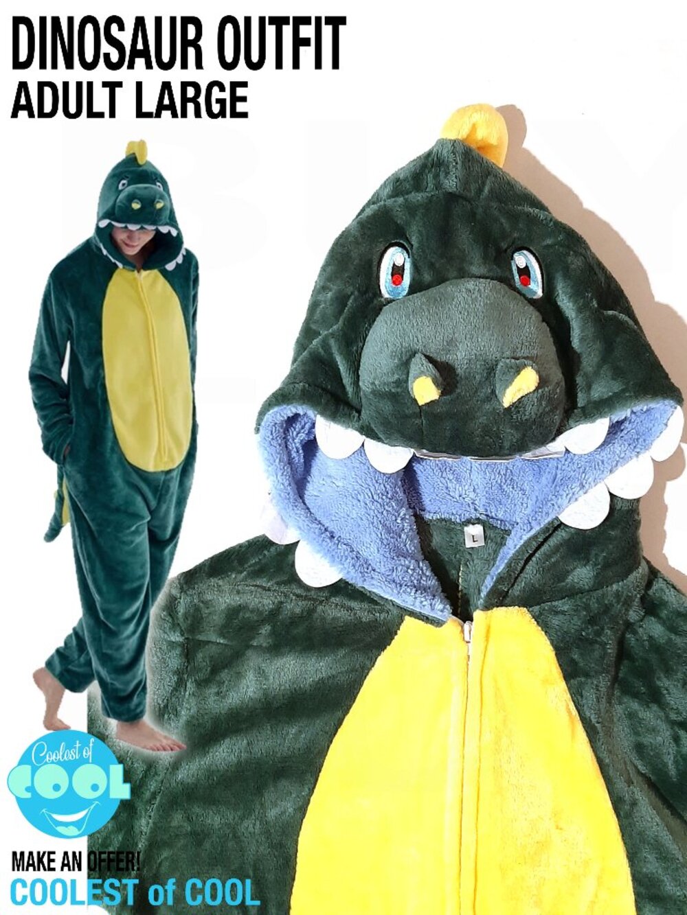 Dinosaur costume Unisex Adult Large Onesie Pajamas One Piece comfy Sleepwear